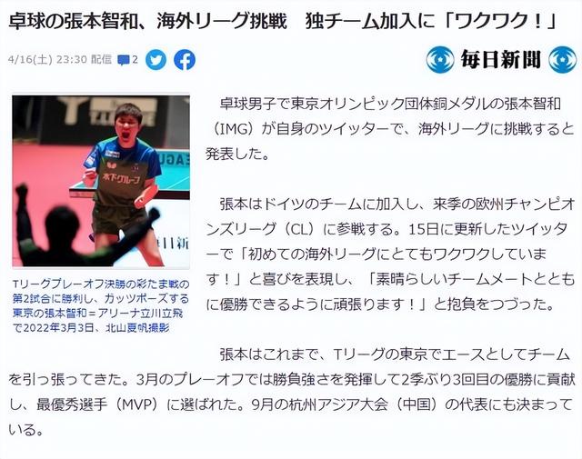 再见日本，张本智和加盟德甲！华裔天才暂缓学业，力争挑战樊振东