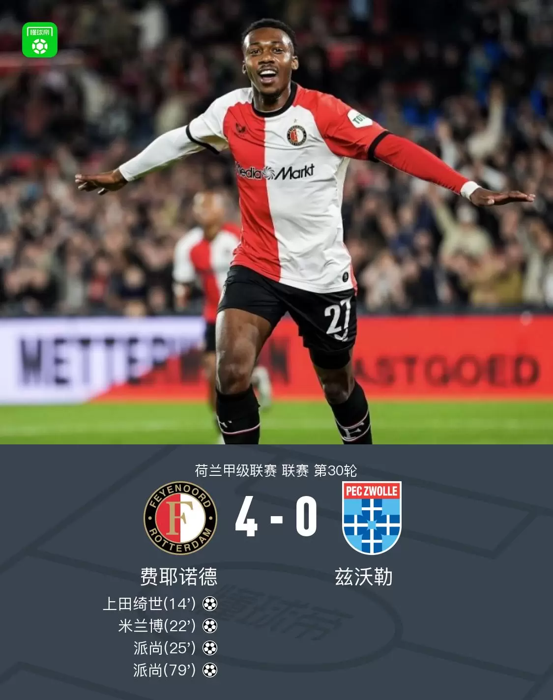 费耶诺德4-0兹沃勒，米兰博两传一射，派尚梅开二度