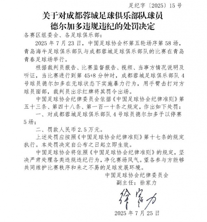 足协重磅罚单！德尔加多停赛5场罚款2.5万，肘击孙正傲染红 (http://www.armanice.com/) 体育 第2张