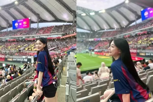 跨界联动，韩国女团Apink成员吴夏荣现场观战巴萨vs首尔
