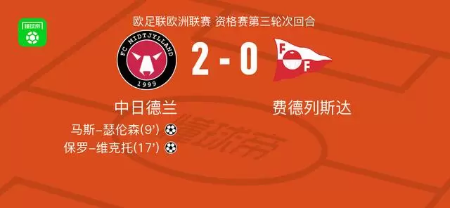 中日德兰2-0费德列斯达，马斯-瑟伦森建功，保罗-维克托锦上添花