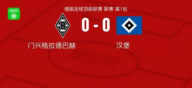 门兴格拉德巴赫0-0汉堡，双方鏖战90分钟未分胜负