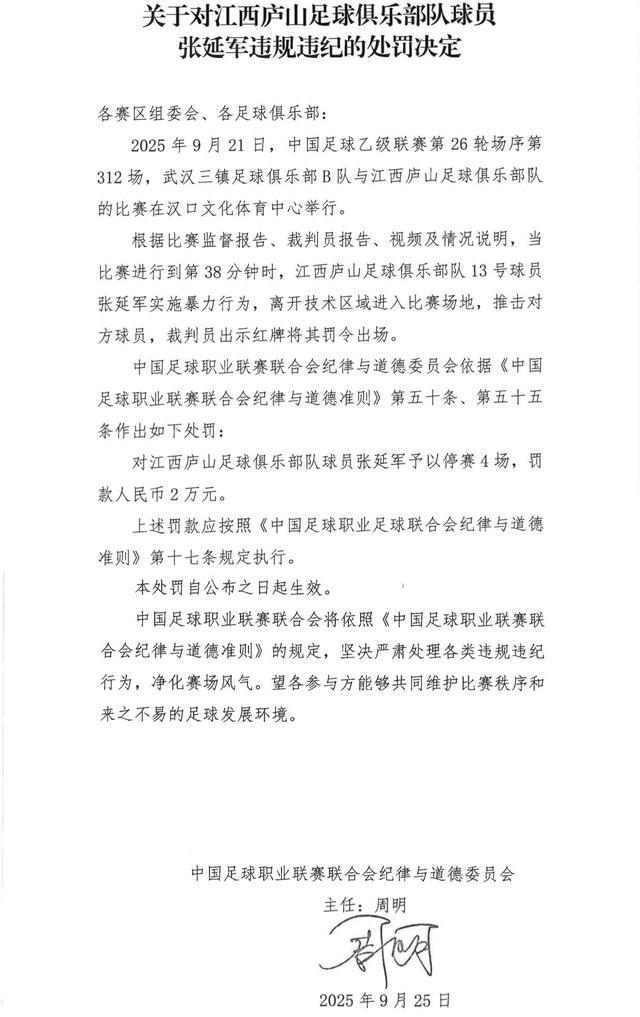 官方：江西庐山替补球员张延军因入场推击对手被禁赛4场+罚款 (http://www.armanice.com/) 体育 第2张