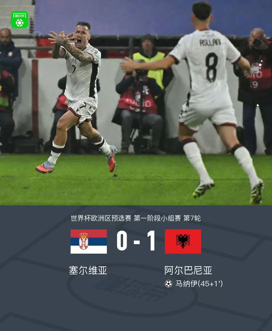 阿尔巴尼亚1-0塞尔维亚，马纳伊制胜球
