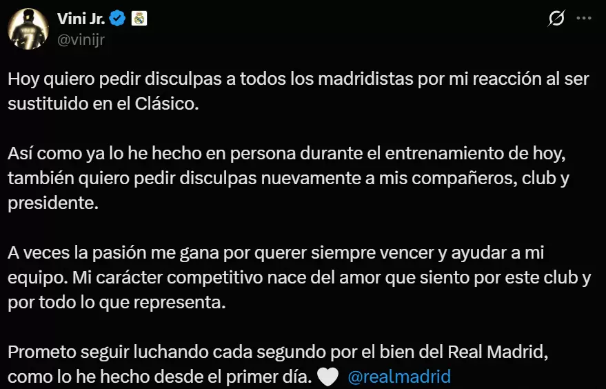维尼修斯:有时候热情会让我失去理智,向所有马德里球迷道歉 维尼修斯:有时候热情会让我失去理智,向所有马德里球迷道歉