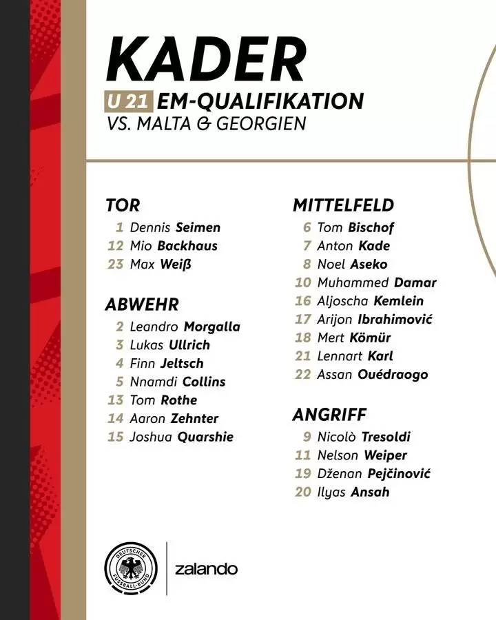 德国U21大名单：17岁卡尔入选，比朔夫、阿尔扬-伊布在列