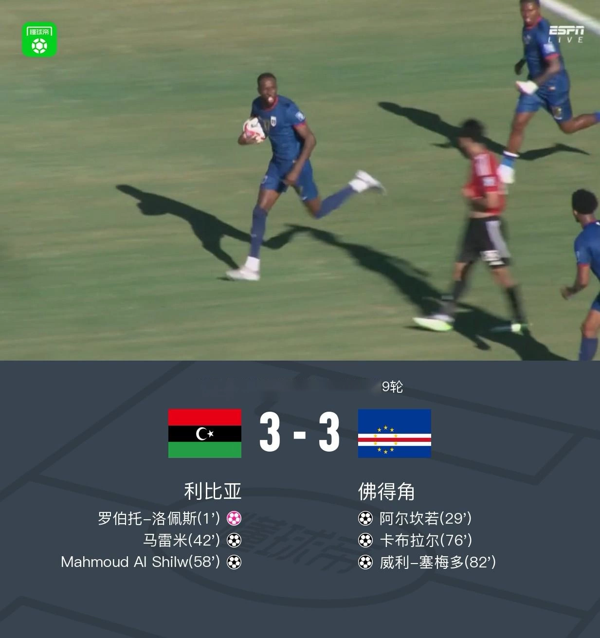 佛得角连追2球3-3客平利比亚，仍领先喀麦隆2分，末轮取胜即可出线