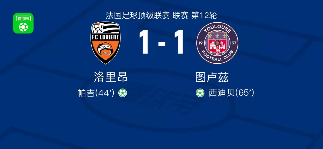 洛里昂1-1图卢兹,帕吉首开记录,西迪贝扳平比分 洛里昂1-1图卢兹,帕吉首开记录,西迪贝扳平比分