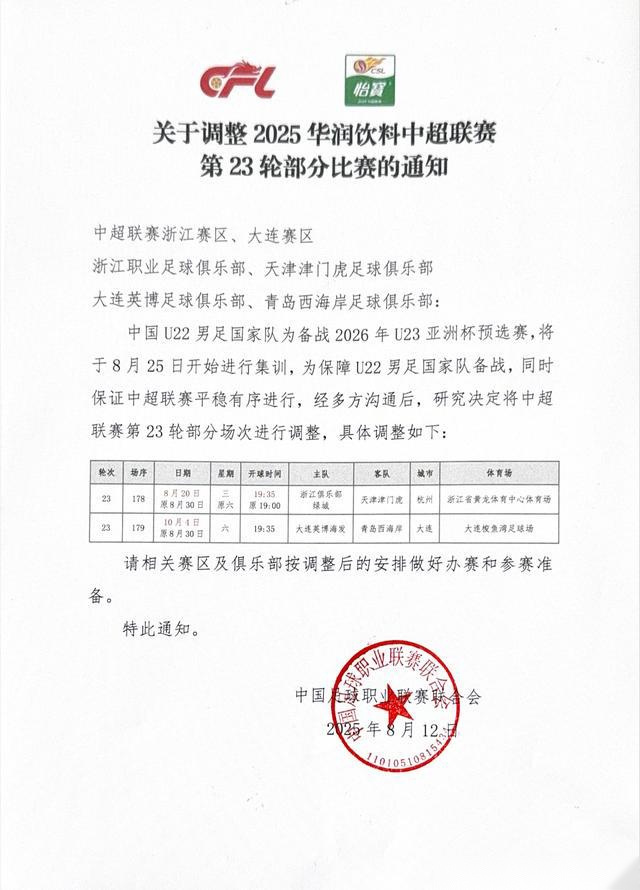 官方：中超第23轮浙江vs津门虎比赛提前至8月20日进行 (http://www.tiidu.cn/) 娱乐 第2张