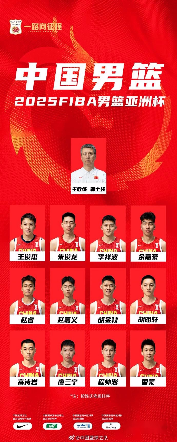 男篮亚洲杯名单出炉：赵睿、胡金秋领衔12人，张宁、徐杰离队