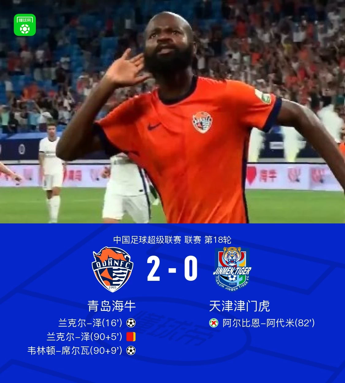 海牛2-0津门虎，兰克尔-泽破门+红牌，席尔瓦建功，韩镕泽扑点