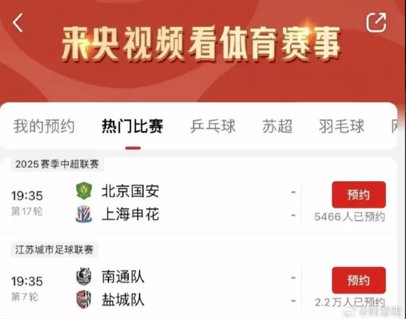 央视频预约观赛对比：国安vs申花5466人，南通vs盐城2.2万人